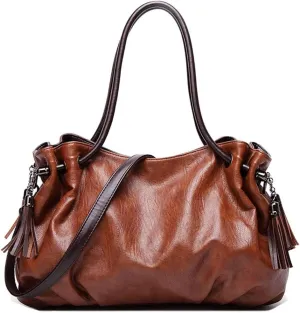 Women Handbags Vintage Leather Tote Bags Fold Shape Purse Shoulder Handbag Vegan Tassels Satchel Large Hobo