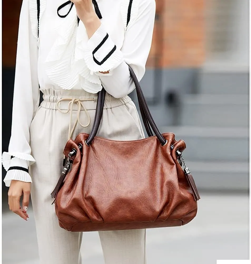 Women Handbags Vintage Leather Tote Bags Fold Shape Purse Shoulder Handbag Vegan Tassels Satchel Large Hobo