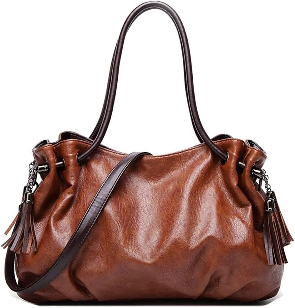 Women Handbags Vintage Leather Tote Bags Fold Shape Purse Shoulder Handbag Vegan Tassels Satchel Large Hobo
