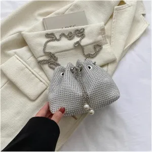 Women Rhinestone Bucket Bags Retro Pearl Chain Ladies Shoulder Bags Shiny Small Crossbody Bags for Wedding Party Prom(White)