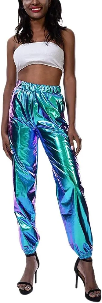 Women Shiny Metallic High Waist Pants Active Cinch Bottom Jogger Sweatpants Wet Look Hip Hop Punk Trousers
