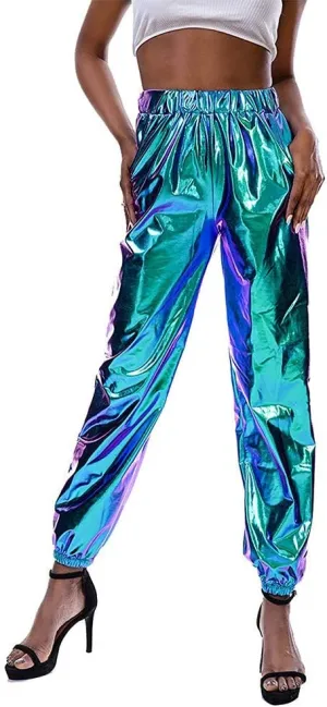 Women Shiny Metallic High Waist Pants Active Cinch Bottom Jogger Sweatpants Wet Look Hip Hop Punk Trousers