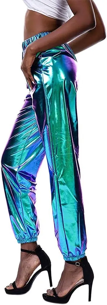 Women Shiny Metallic High Waist Pants Active Cinch Bottom Jogger Sweatpants Wet Look Hip Hop Punk Trousers