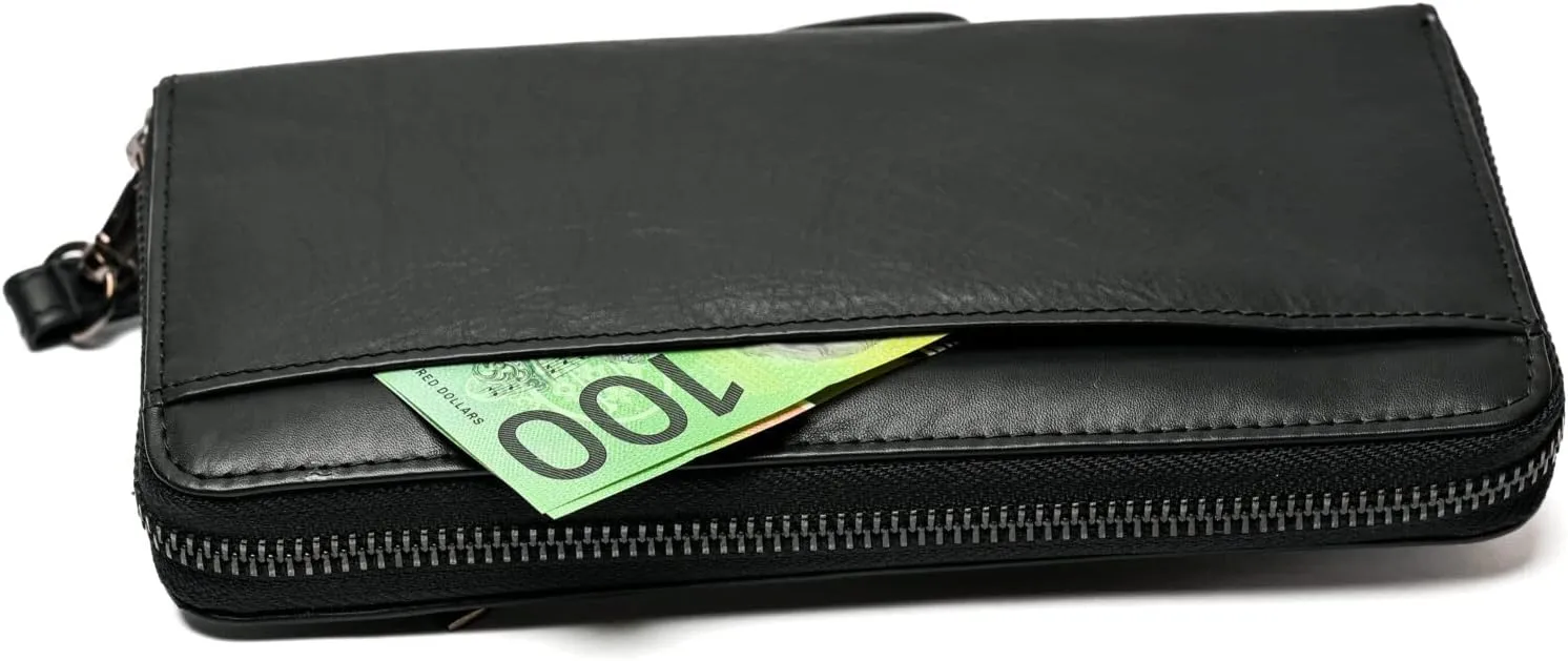 Women's Genuine Leather Large Wallet RFID Block Black Brown Chestnut Ladies Purse Clutch, BLACK, RFID Safe Zip Closure Slim Genuine Leather Wallet Clutch Purse