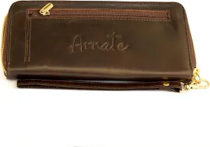 Women's Genuine Leather Large Wallet RFID Block Black Brown Chestnut Ladies Purse Clutch, BROWN, RFID Safe Zip Closure Slim Genuine Leather Wallet Clutch Purse