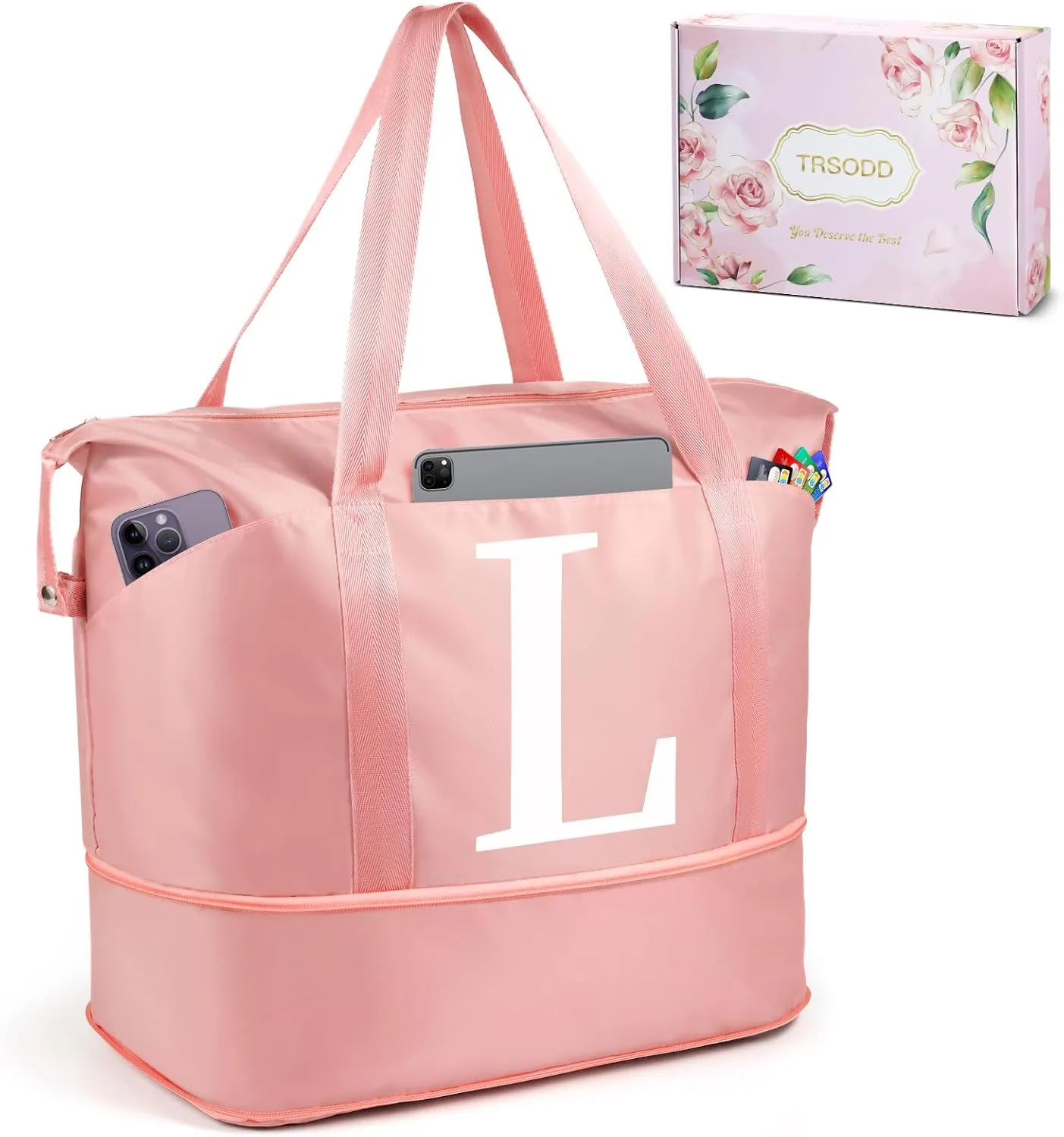 Womens Gifts for Christmas Mom Christmas Gifts Birthday Gifts for Women, Weekender Bags for Women, Pink Ini-tial Duffle Bag for Travel Bag Expandable with Trolley Sleeve, Large Travel Bag L