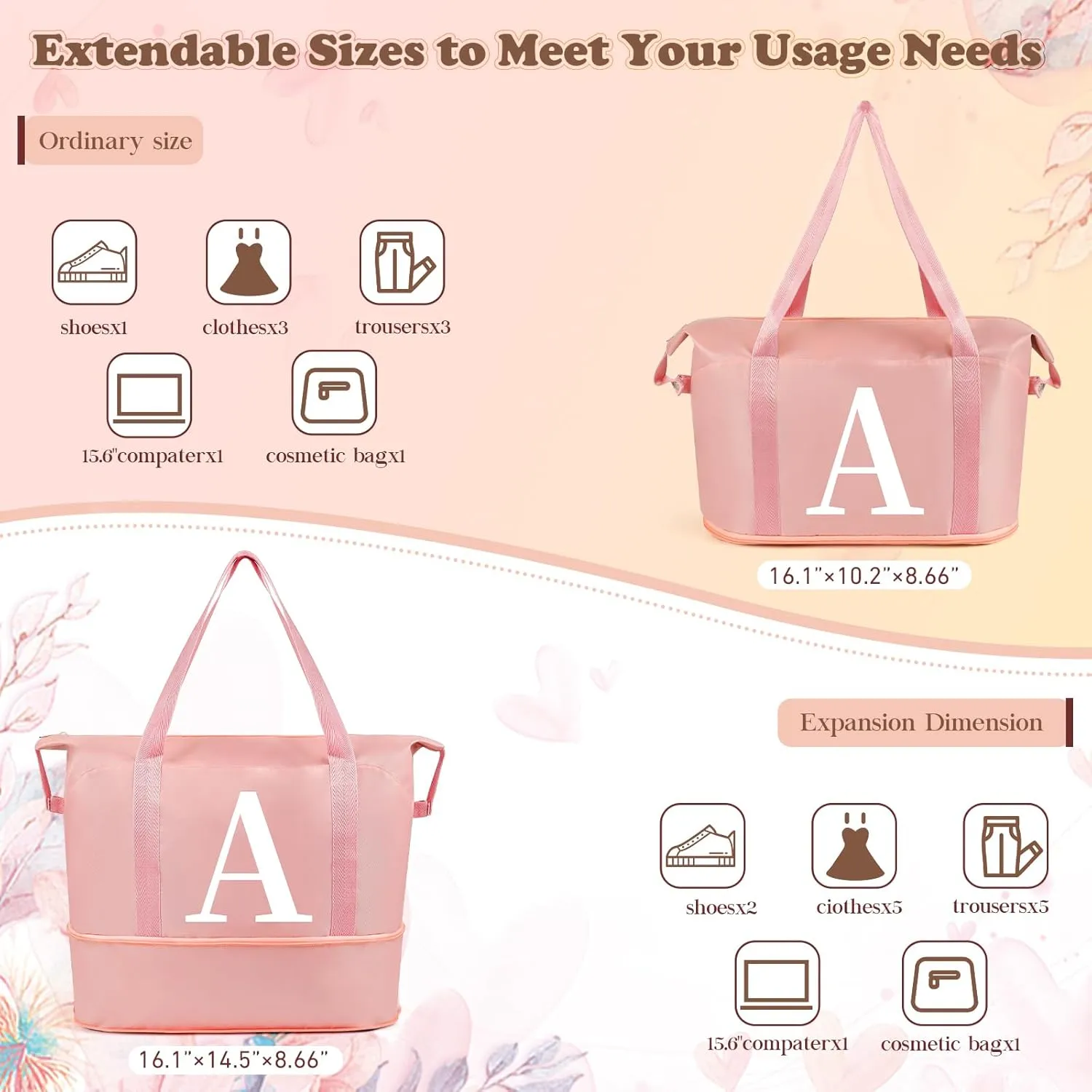 Womens Gifts for Christmas Mom Christmas Gifts Birthday Gifts for Women, Weekender Bags for Women, Pink Ini-tial Duffle Bag for Travel Bag Expandable with Trolley Sleeve, Large Travel Bag L