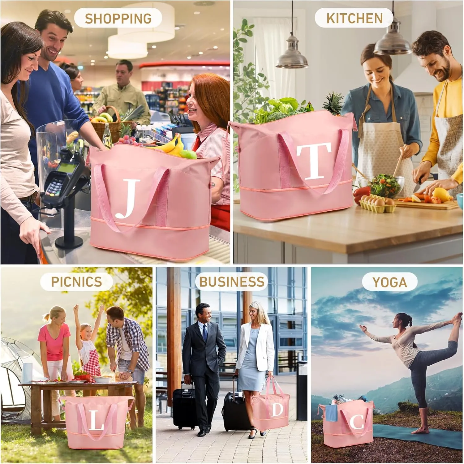Womens Gifts for Christmas Mom Christmas Gifts Birthday Gifts for Women, Weekender Bags for Women, Pink Ini-tial Duffle Bag for Travel Bag Expandable with Trolley Sleeve, Large Travel Bag L