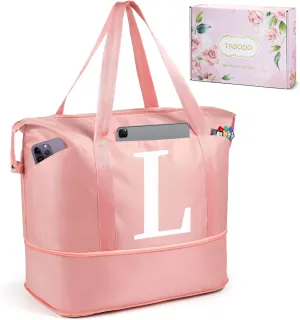 Womens Gifts for Christmas Mom Christmas Gifts Birthday Gifts for Women, Weekender Bags for Women, Pink Ini-tial Duffle Bag for Travel Bag Expandable with Trolley Sleeve, Large Travel Bag L