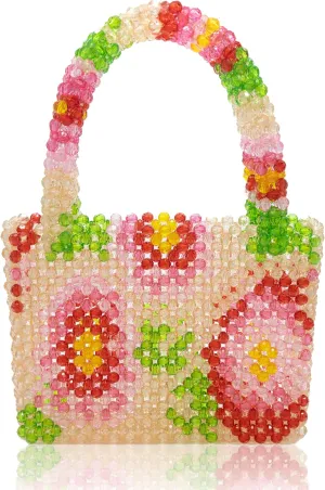 Womens Luxury Flower Beaded Handbag Handmade Acrylic Tote Bags for Wedding Party Fancy Purse with Top Handle