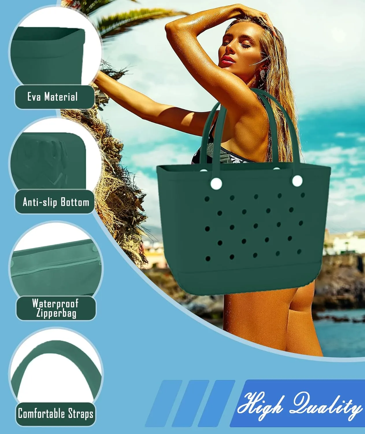 X-Large Rubber Beach Bag Tote Waterproof Tote Bag with Zipper Pocket Modern Travel Tote Bag Sports Beach