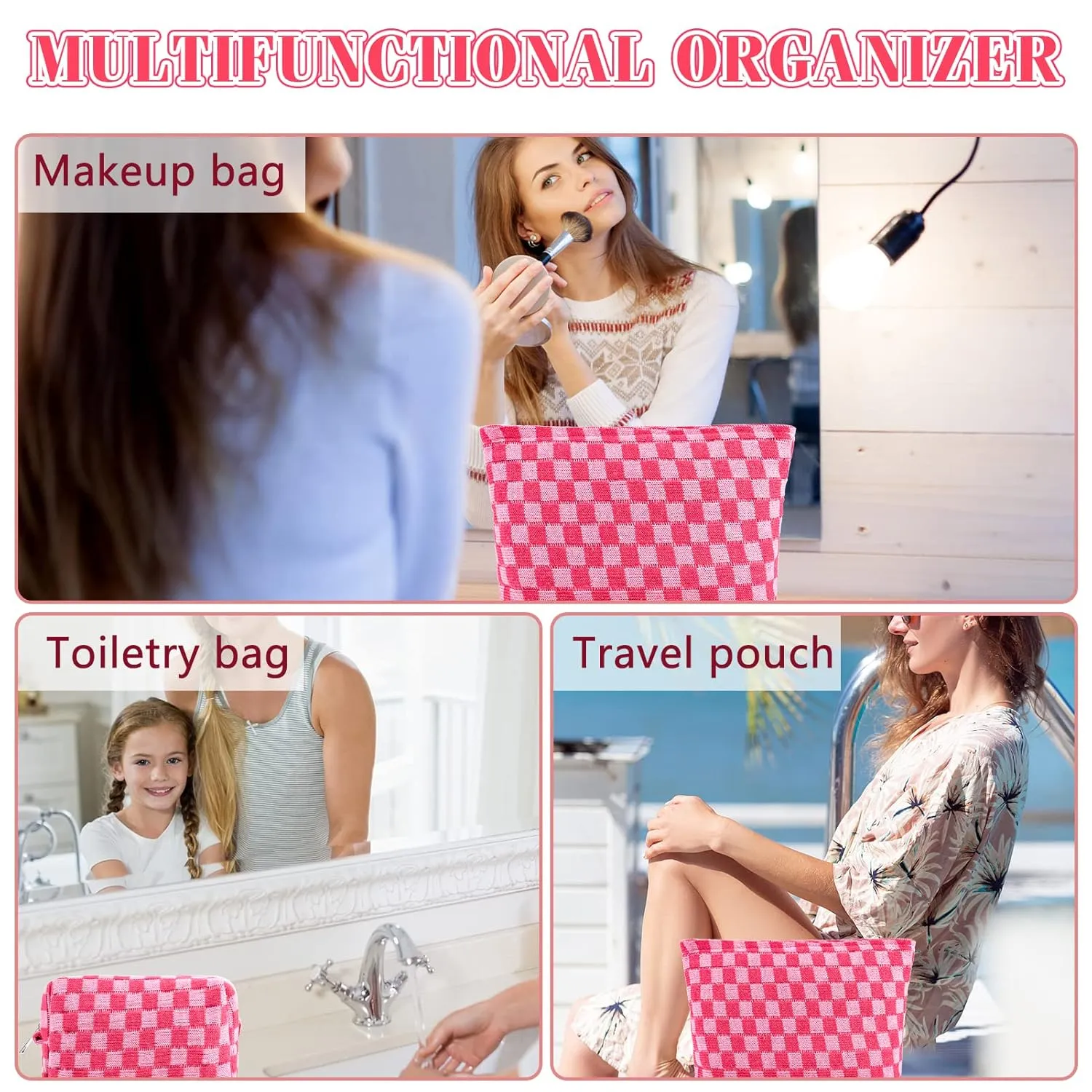 ZLFSRQ 2Pcs Checkered Makeup Bag for Women Large Small Checkered Cosmetic Bag Set Cute Aesthetic Pink Makeup Pouch for Purse Travel Toiletry Bags Preppy Pencil Bags Zipper Skincare Storage Organizer