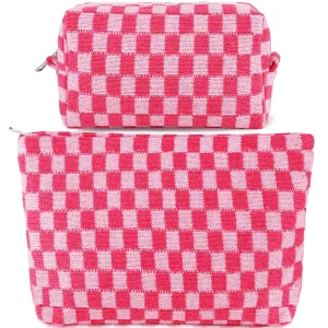 ZLFSRQ 2Pcs Checkered Makeup Bag for Women Large Small Checkered Cosmetic Bag Set Cute Aesthetic Pink Makeup Pouch for Purse Travel Toiletry Bags Preppy Pencil Bags Zipper Skincare Storage Organizer