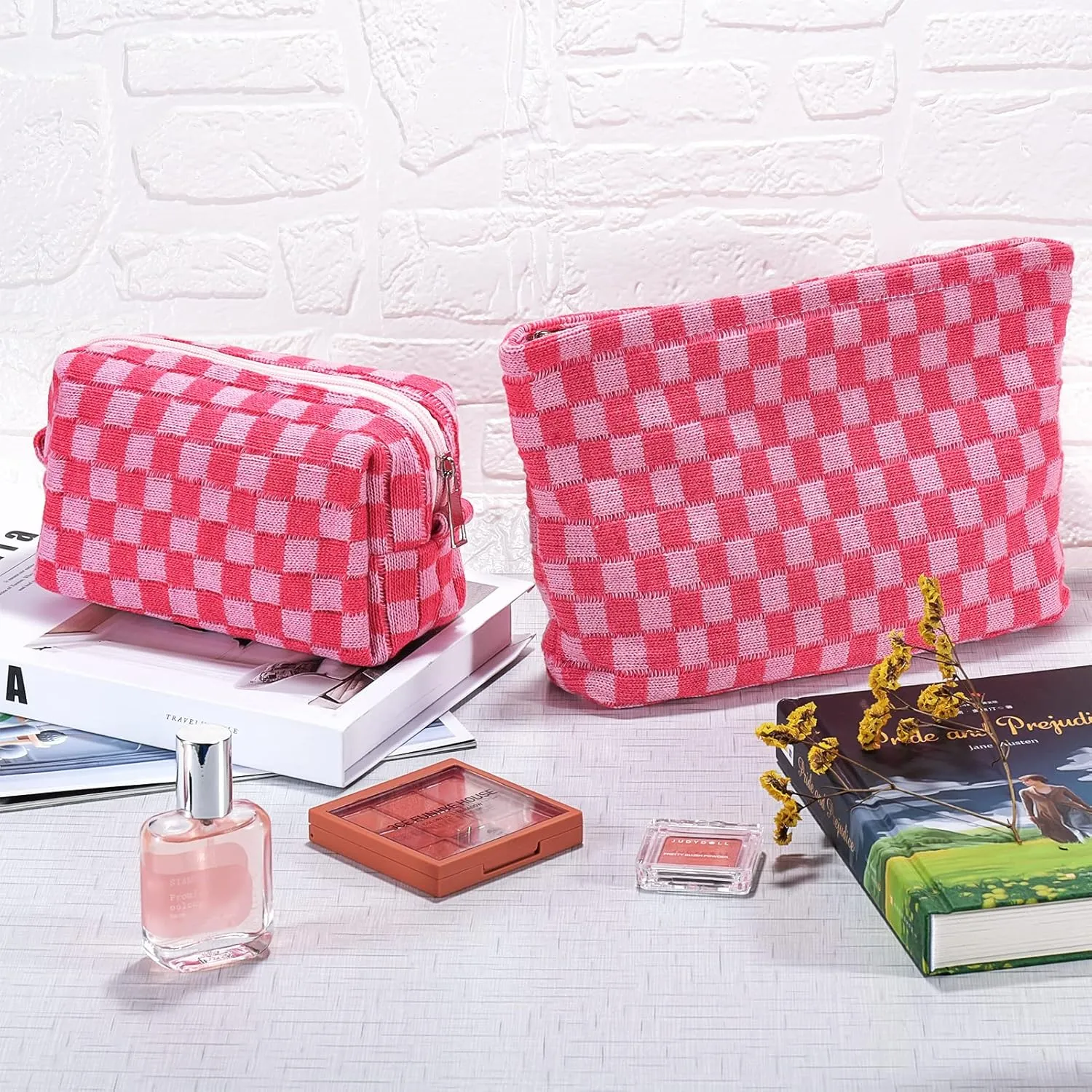 ZLFSRQ 2Pcs Checkered Makeup Bag for Women Large Small Checkered Cosmetic Bag Set Cute Aesthetic Pink Makeup Pouch for Purse Travel Toiletry Bags Preppy Pencil Bags Zipper Skincare Storage Organizer