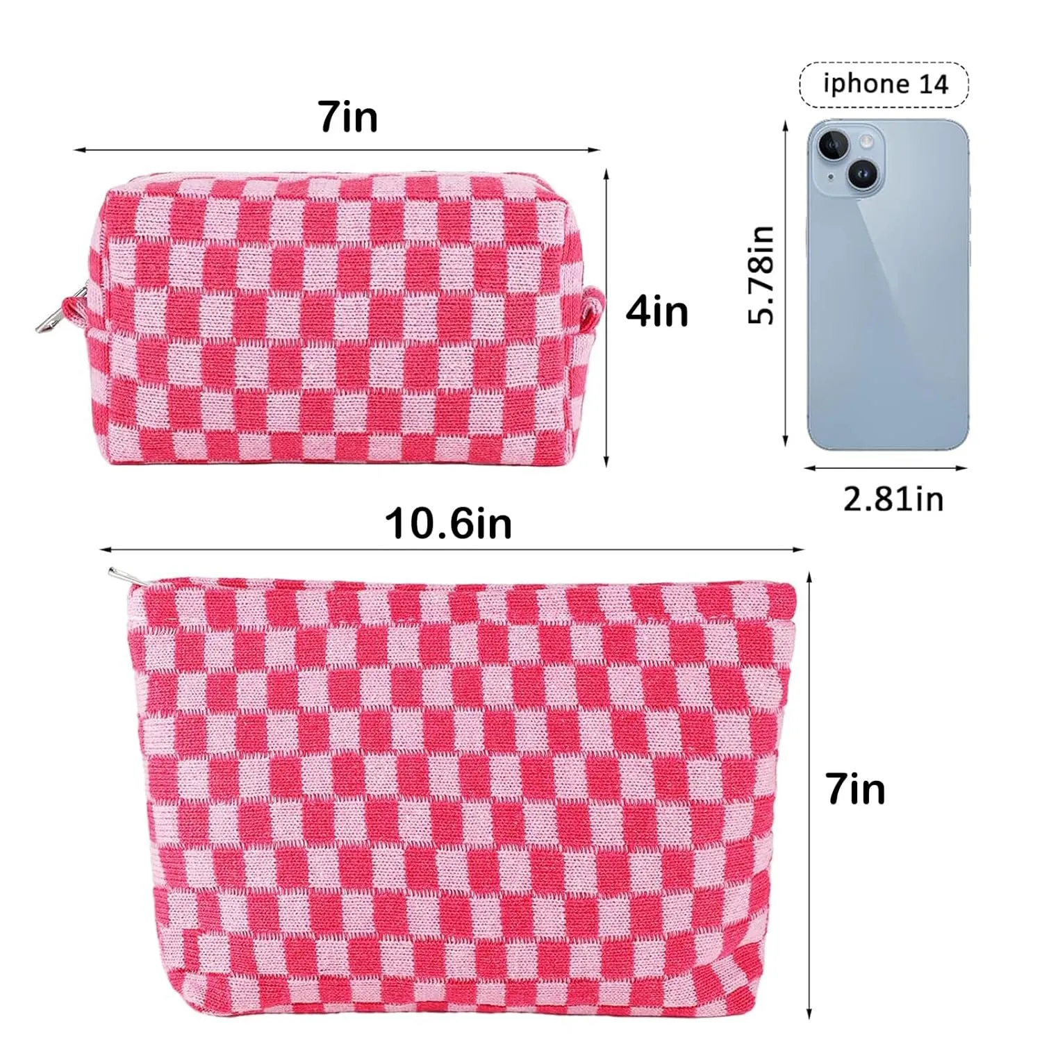 ZLFSRQ 2Pcs Checkered Makeup Bag for Women Large Small Checkered Cosmetic Bag Set Cute Aesthetic Pink Makeup Pouch for Purse Travel Toiletry Bags Preppy Pencil Bags Zipper Skincare Storage Organizer