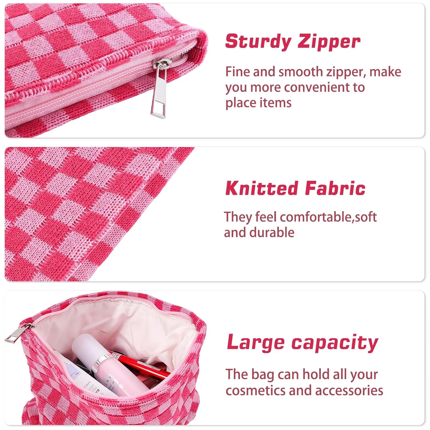 ZLFSRQ 2Pcs Checkered Makeup Bag for Women Large Small Checkered Cosmetic Bag Set Cute Aesthetic Pink Makeup Pouch for Purse Travel Toiletry Bags Preppy Pencil Bags Zipper Skincare Storage Organizer
