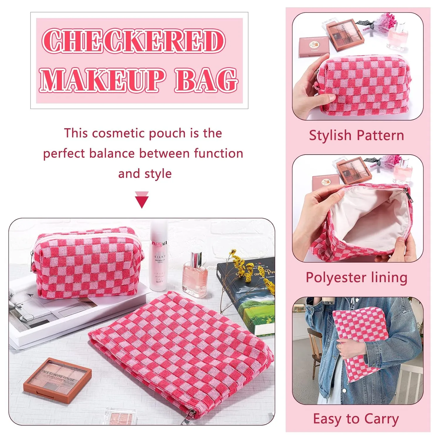 ZLFSRQ 2Pcs Checkered Makeup Bag for Women Large Small Checkered Cosmetic Bag Set Cute Aesthetic Pink Makeup Pouch for Purse Travel Toiletry Bags Preppy Pencil Bags Zipper Skincare Storage Organizer