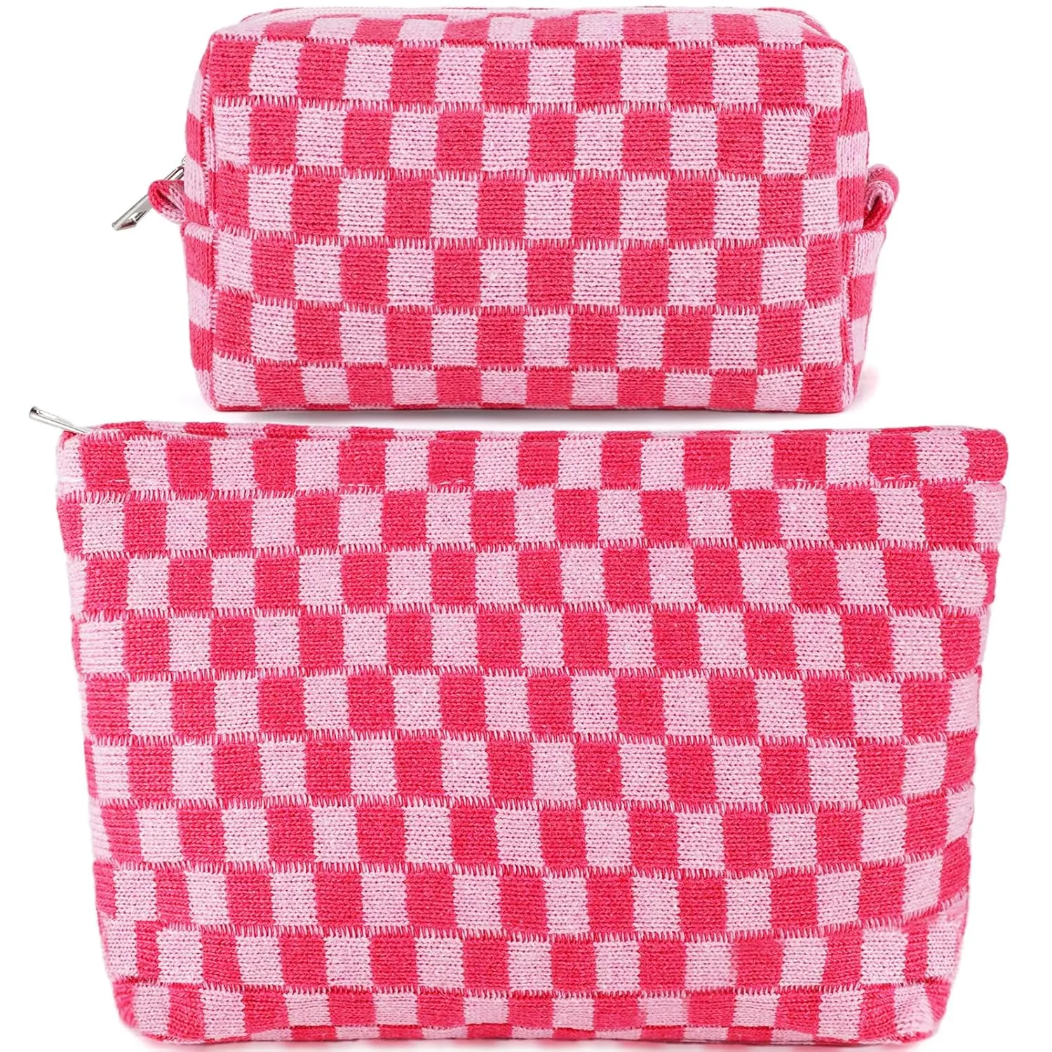 ZLFSRQ 2Pcs Checkered Makeup Bag for Women Large Small Checkered Cosmetic Bag Set Cute Aesthetic Pink Makeup Pouch for Purse Travel Toiletry Bags Preppy Pencil Bags Zipper Skincare Storage Organizer