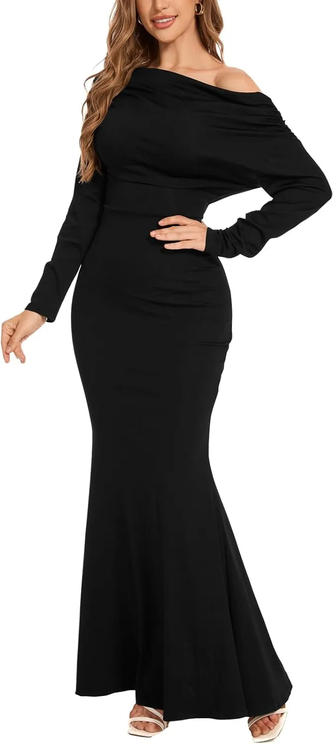 ZonJie Women's Evening Gowns Formal Elegant Long Sleeve Off Shoulder Party Dress Sexy Bodycon Wedding Guest Dresses