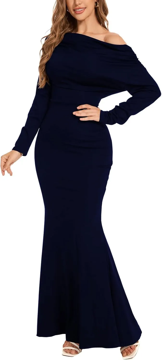 ZonJie Women's Evening Gowns Formal Elegant Long Sleeve Off Shoulder Party Dress Sexy Bodycon Wedding Guest Dresses