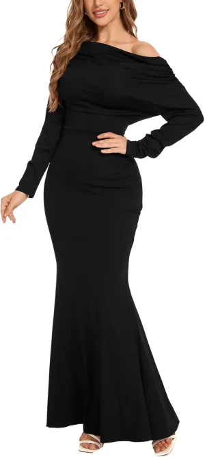 ZonJie Women's Evening Gowns Formal Elegant Long Sleeve Off Shoulder Party Dress Sexy Bodycon Wedding Guest Dresses