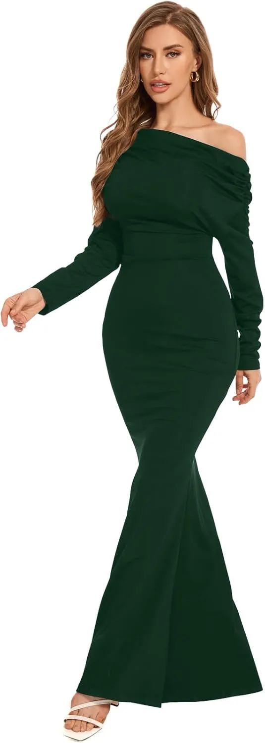 ZonJie Women's Evening Gowns Formal Elegant Long Sleeve Off Shoulder Party Dress Sexy Bodycon Wedding Guest Dresses